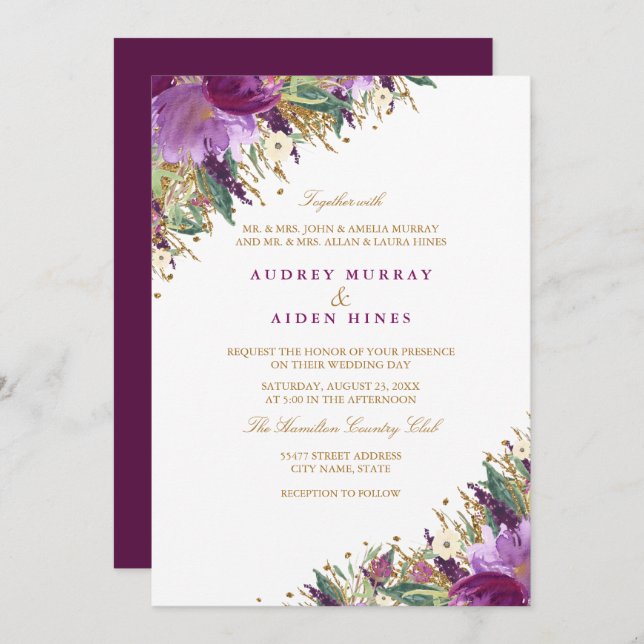 Invitación Purpurina Sparkling Amethyst Boda Purple Floral (Anverso / Reverso)