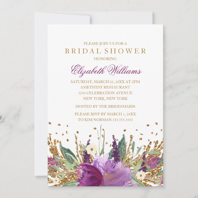 Invitación Purpurina Sparkling Floral Amethyst Bridal Shower (Anverso)