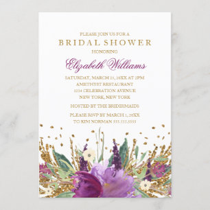 Invitación Purpurina Sparkling Floral Amethyst Bridal Shower