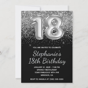 Invitación Purpurina Sparkly Silver Balón negro 18 cumpleaños