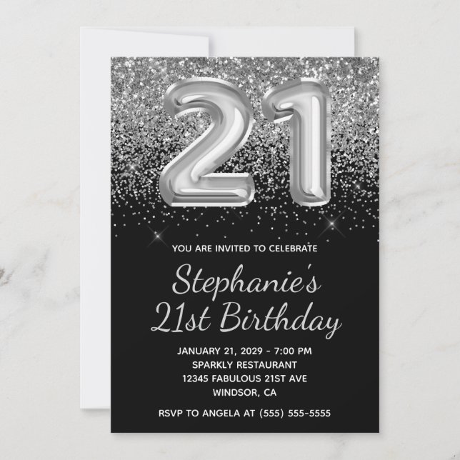 Invitación Purpurina Sparkly Silver Balón negro 21 cumpleaños (Anverso)