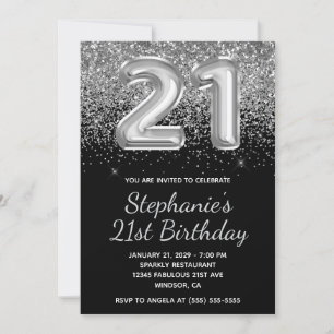 Invitación Purpurina Sparkly Silver Balón negro 21 cumpleaños