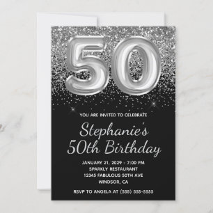 Invitación Purpurina Sparkly Silver Balón negro 50 cumpleaños