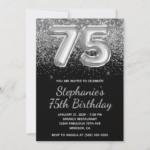 Invitación Purpurina Sparkly Silver Balón negro 75º cumpleaño