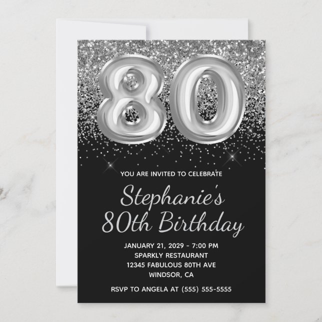 Invitación Purpurina Sparkly Silver Balón negro 80 cumpleaños (Anverso)