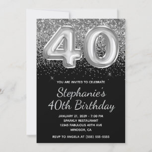 Invitación Purpurina Sparkly Silver Globo negro 40 cumpleaños
