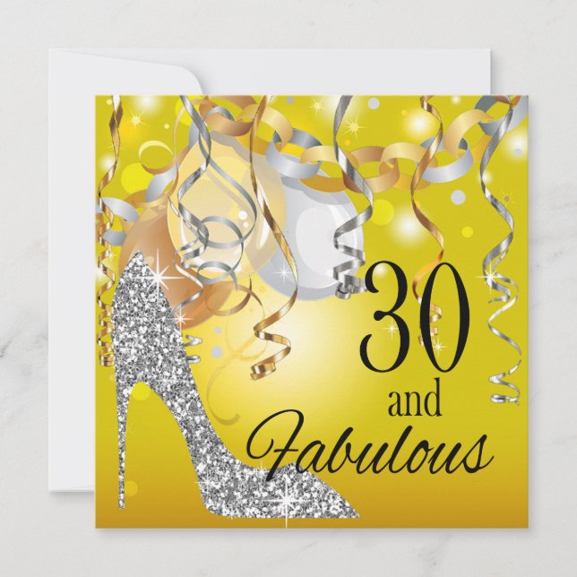 Invitación Purpurina Stiletto 30 cumpleaños | plata amarilla (Anverso)