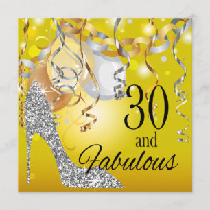 Invitación Purpurina Stiletto 30 cumpleaños plata amarilla