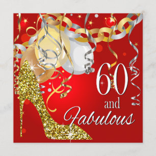 Invitación Purpurina Stiletto 60º cumpleaños oro rojo