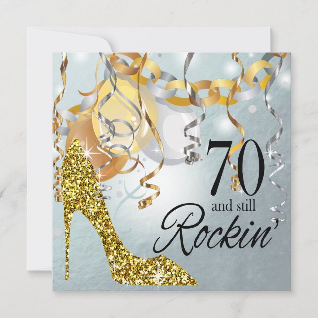 Invitación Purpurina Stiletto 70º cumpleaños | oro plateado (Anverso)
