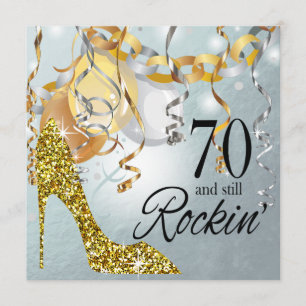 Invitación Purpurina Stiletto 70º cumpleaños oro plateado