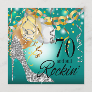 Invitación Purpurina Stiletto 70 cumpleaños  Plata verde azul