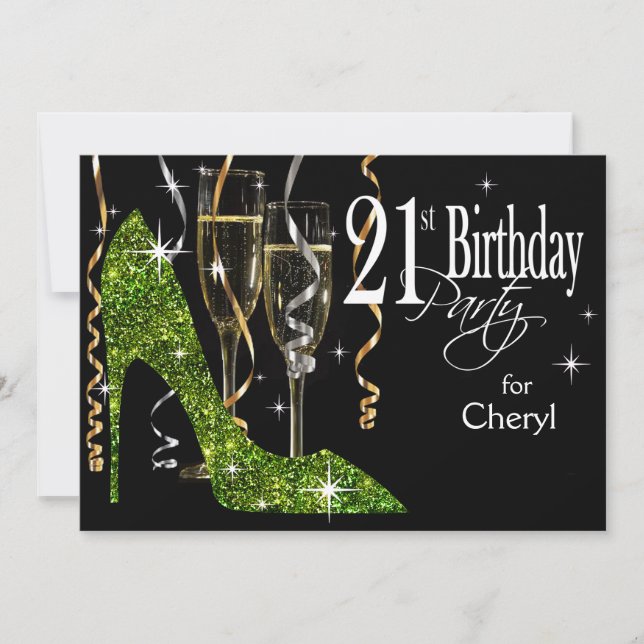 Invitación Purpurina Stiletto Champagne 21ª lima de cumpleaño (Anverso)