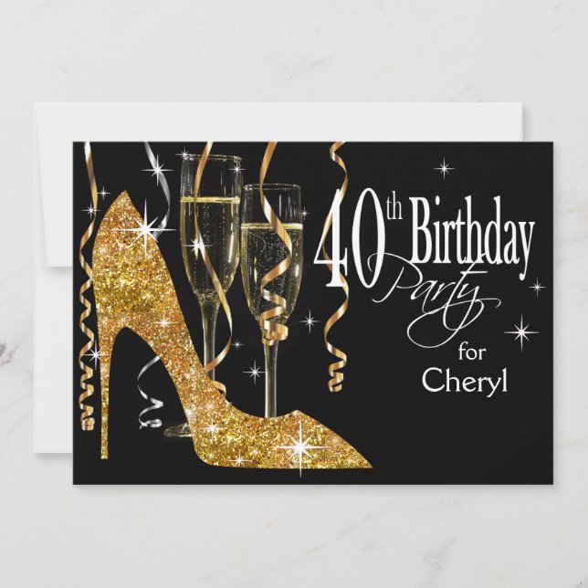 Invitación Purpurina Stiletto Champagne 40º oro de cumpleaños (Anverso)