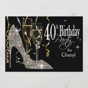 Invitación Purpurina Stiletto Champagne 40 cumpleaños plata