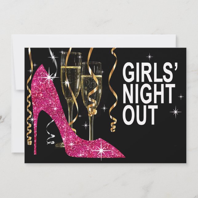 Invitación Purpurina Stiletto Champán Chicas Noche fuera fusc (Anverso)