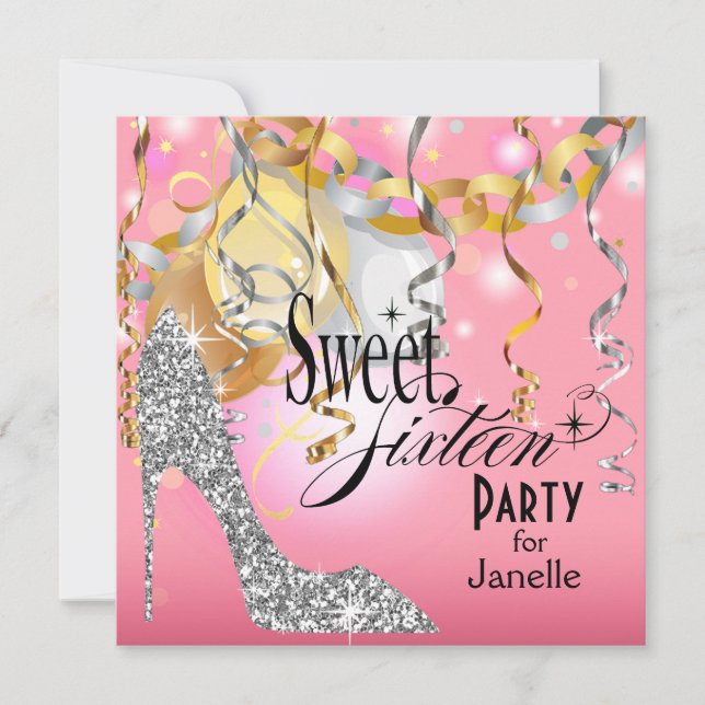 Invitación Purpurina Stiletto Sweet 16 Fiesta | plata rosa (Anverso)