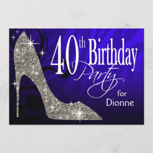 Invitación Purpurina Stiletto Zebra 40 cumpleaños plata azul