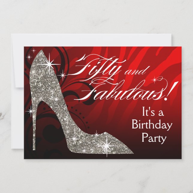 Invitación Purpurina Stiletto Zebra 50 y fabuloso cumpleaños  (Anverso)
