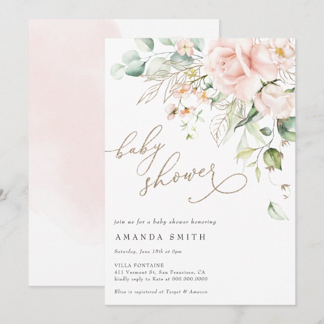 Invitación Purpurina suave pastel Rubor floral rosa Baby Show (Anverso / Reverso)