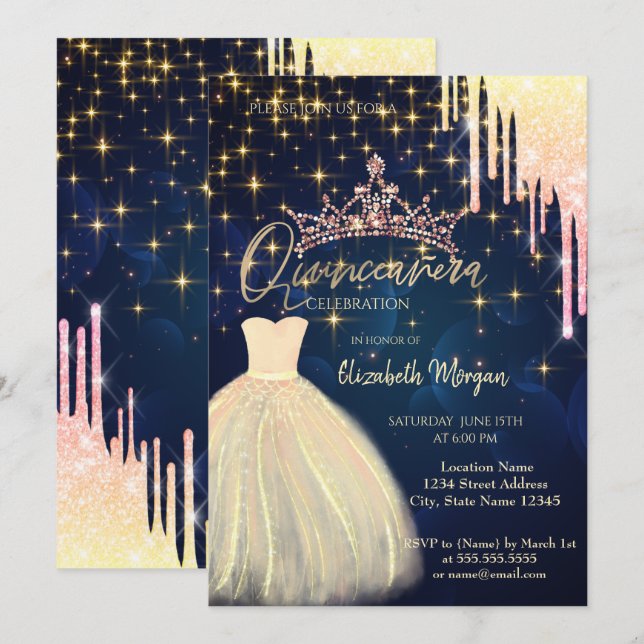 Invitación Purpurina Suelta la Marina de Vestido Tiara Azul Q (Anverso / Reverso)