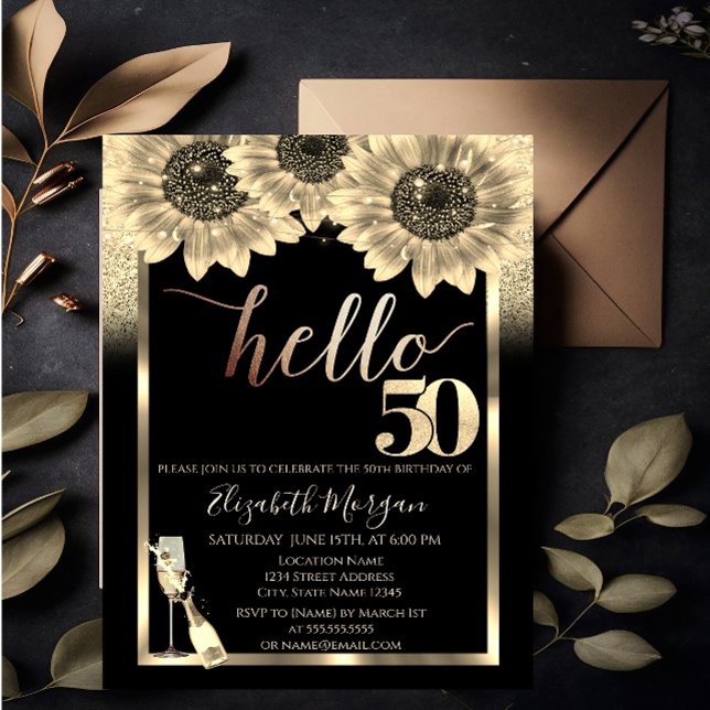 Invitación Purpurina, Sunflowers, Glass Black 50th Birthday P (Subido por el creador)