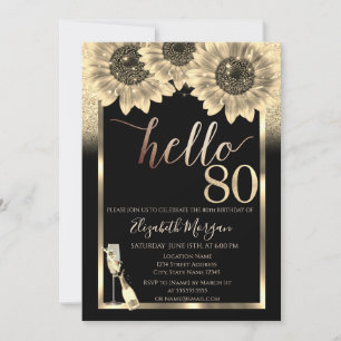 Invitación Purpurina, Sunflowers, Glass Black 80th Birthday P