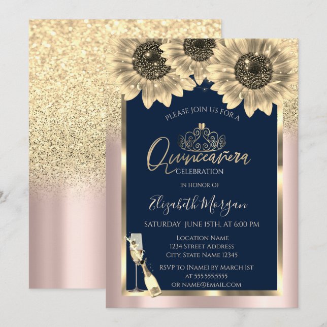 Invitación Purpurina, Sunflowers, Tiara Rosa Gold Quinceanera (Anverso / Reverso)