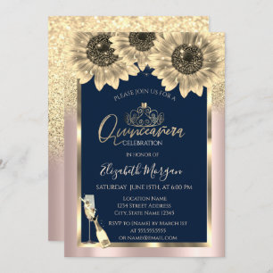 Invitación Purpurina, Sunflowers, Tiara Rosa Gold Quinceanera