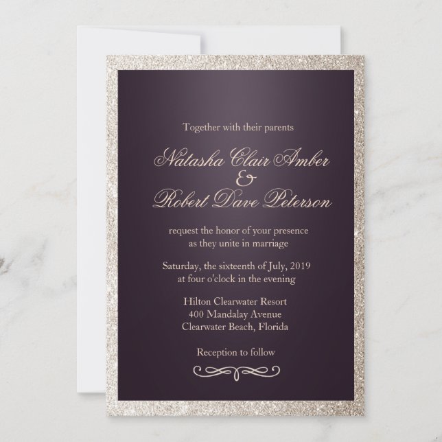 Invitación Purpurina Taupe Beige Purple Boda de Moda moderna (Anverso)
