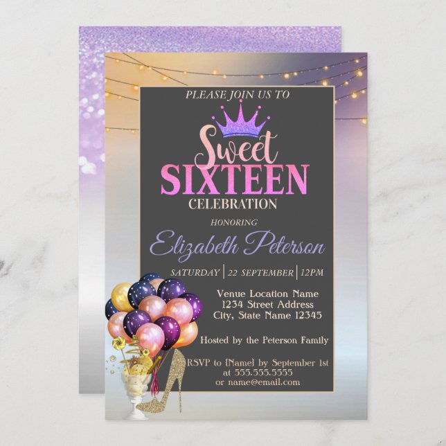 Invitación Purpurina Tiara, Coctail, Ballons Sweet 16 Fiesta (Anverso / Reverso)