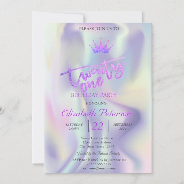 Invitación Purpurina Tiara Holographic 21ª Fiesta de cumpleañ (Anverso)