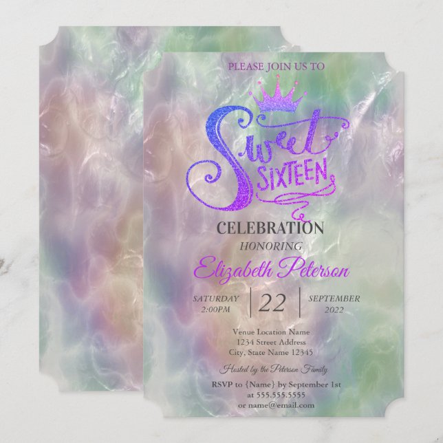 Invitación Purpurina Tiara Holographic Pearl Sweet 16 Fiesta (Anverso / Reverso)