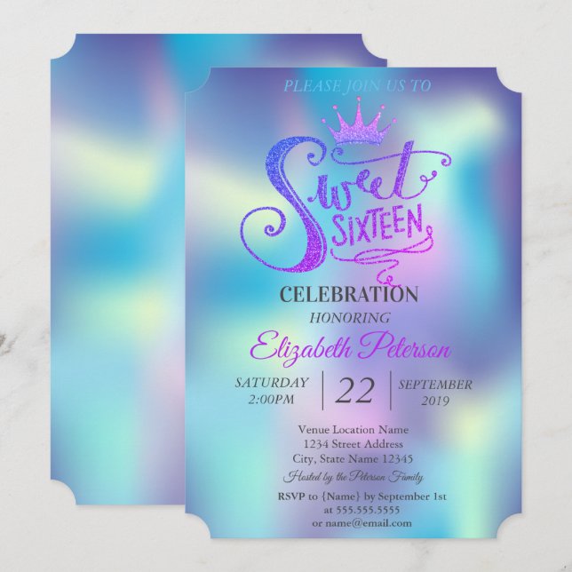 Invitación Purpurina Tiara Holographic Sweet 16 Fiesta (Anverso / Reverso)