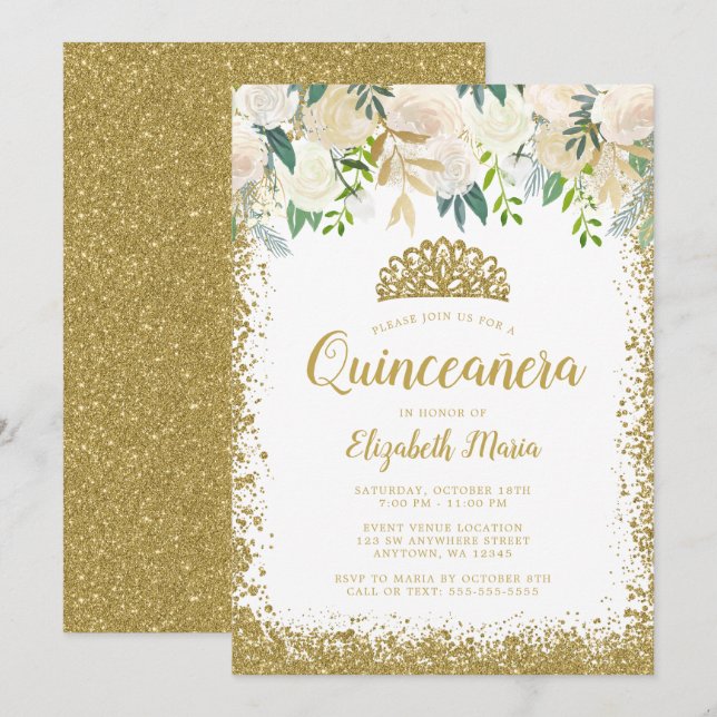Invitación Purpurina Tiara Quinceanera (Anverso / Reverso)