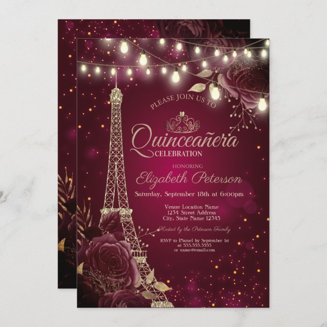 Invitación Purpurina Torre Eiffel, Rosas de Borgoña Quinceañe (Anverso / Reverso)