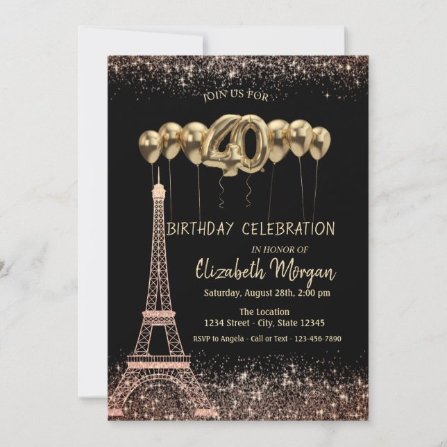 Invitación Purpurina Tower Confetti Globos 40 cumpleaños (Anverso)