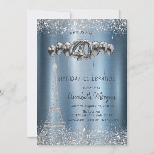 Invitación Purpurina Tower Confetti Globos Azul Metálico 40 (Anverso)