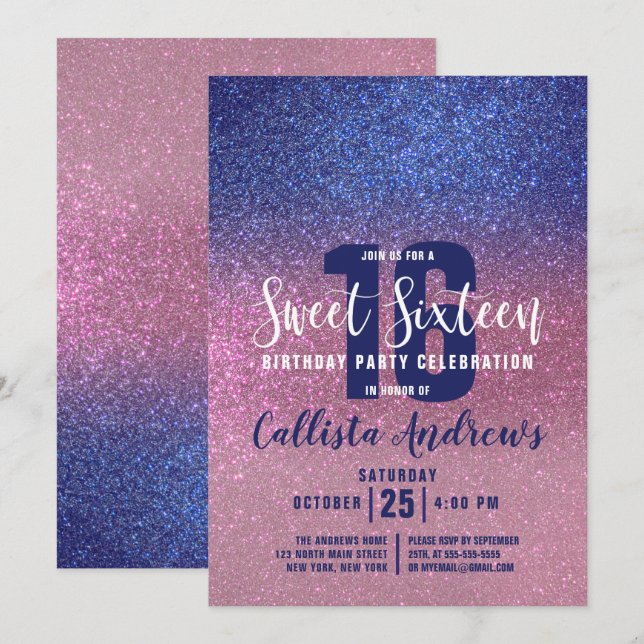 Invitación Purpurina triple rosa azul zafiro Ombre Sweet 16 (Anverso / Reverso)
