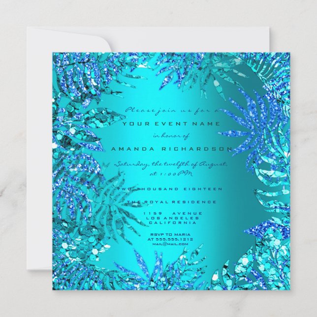 Invitación Purpurina Tropical Fern Beach Ocean Blue Turquoise (Anverso)