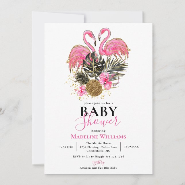 Invitación Purpurina tropical Flamingo rosa Baby Shower (Anverso)