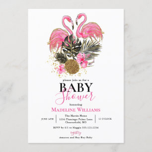 Invitación Purpurina tropical Flamingo rosa Baby Shower