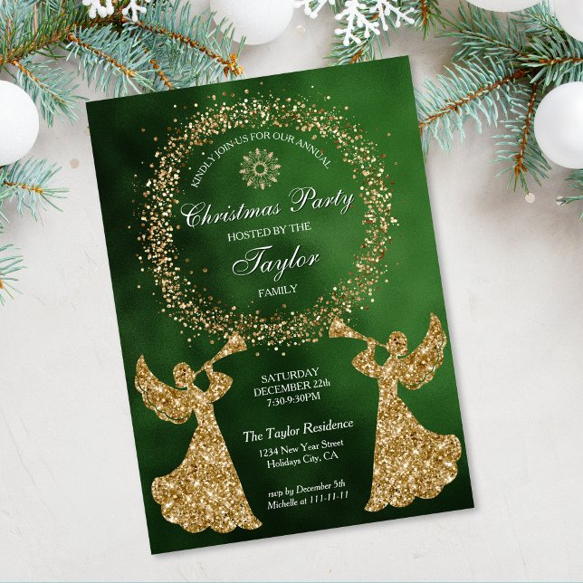 Invitación Purpurina Trumpeando a Navidades Angel Fiesta Corp (christmas party invitation with two gold glitter angels with a trumpet on the green background)