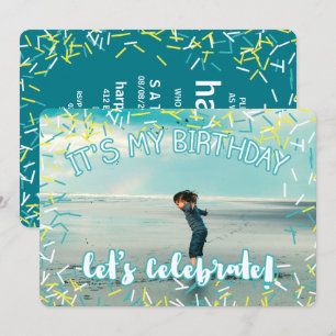 Invitación Purpurina Turquesa Cumpleaños con Foto Personali