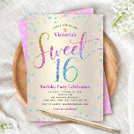 Invitación Purpurina turquesa morado dulce 16 cumpleaños oro<br><div class="desc">"Feliz dulce 16". Esta invitación es una gran manera de hacer que su hija celebre su cumpleaños con todos sus amigos. Envíe esta impresionante, brillante, divertida, festiva, moderna, personalizada invitación para una fiesta que recordar. La tipografía con guion arcoiris purpurina, junto con el turquesa festivo, el rosa púrpura y el...</div>