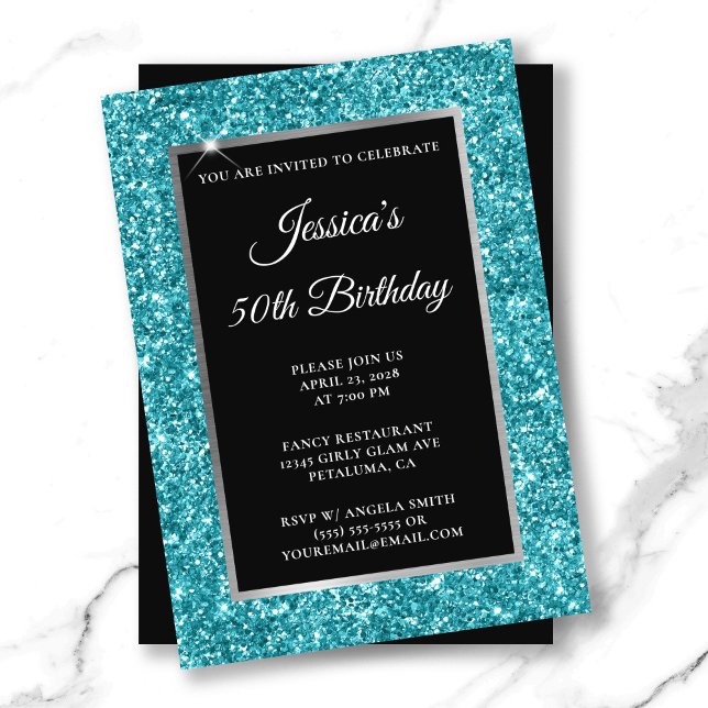 Invitación Purpurina turquesa oscuro negro 50 cumpleaños (Dark Turquoise Glitter Black 50th Birthday Invitation)