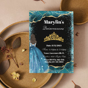 Invitación Purpurina Turquesa Princesa Quinceañera Ballgown