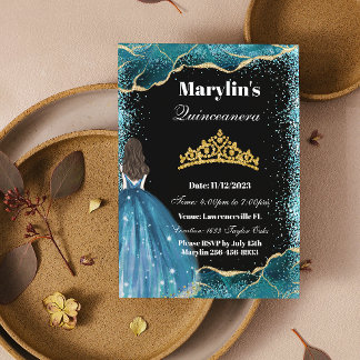 Invitación Purpurina Turquesa Princesa Quinceañera Ballgown