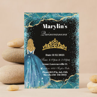 Invitación Purpurina Turquesa Princesa Quinceañera Ballgown