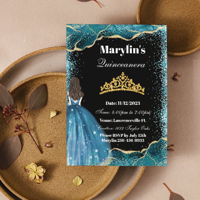 Invitación Purpurina Turquesa Princesa Quinceañera Ballgown (Subido por el creador)